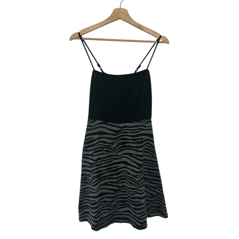 Vintage Emmelee Gray Zebra Print Dress Medium Spaghetti Strap Y2K Fit & Flare